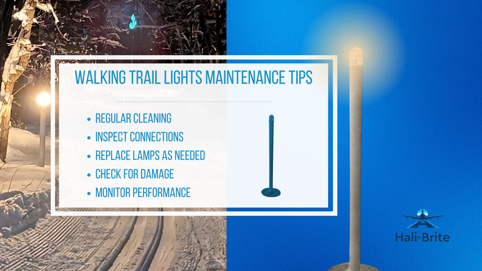 Infographic image of walking trail lights maintenance tips